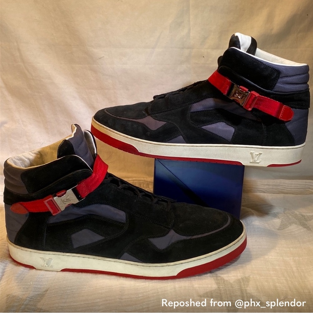 Louis Vuitton High Top Sneakers Black Suede Colorblock Pattern Red buckle white